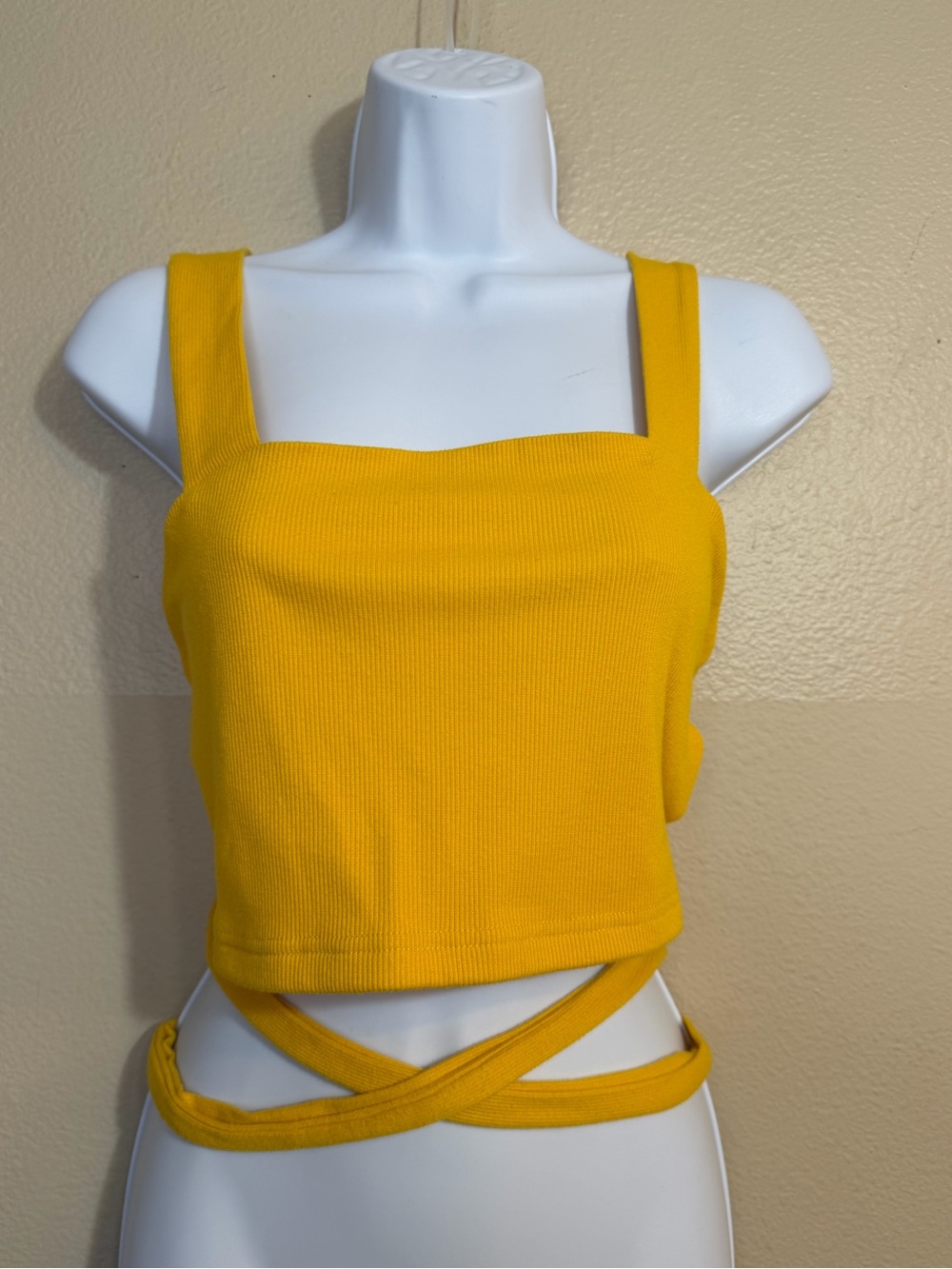 Yellow SHEIN crop top with cut out detail and tie back, size L
